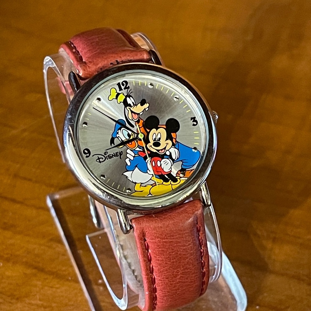 Disney Friends Silver Dial Watch with Red Strap Large Mickey Donald Goofy
